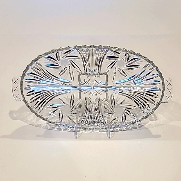 Vintage Other - Vintage Cut Lead Crystal Heavy Three Part Oval Pinwheel Pattern Handled Dish